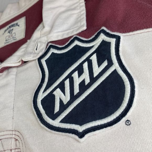 VINTAGE NHL HOCKEY Rugby POLO SHIRT! Long Sleeve Embroidered Maroon Striped Sz M - Picture 8 of 16